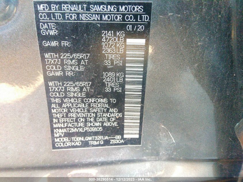 2020 NISSAN ROGUE S/SV - KNMAT2MVXLP539105