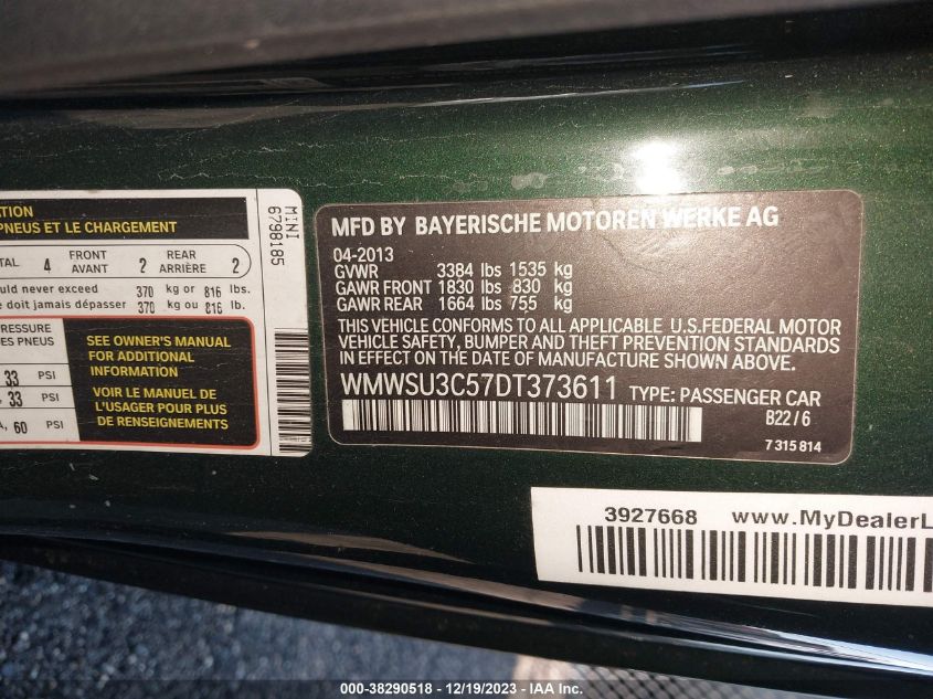 2013 MINI HARDTOP COOPER - WMWSU3C57DT373611