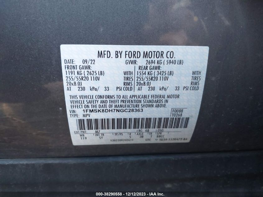 2022 FORD EXPLORER XLT - 1FMSK8DH7NGC28363