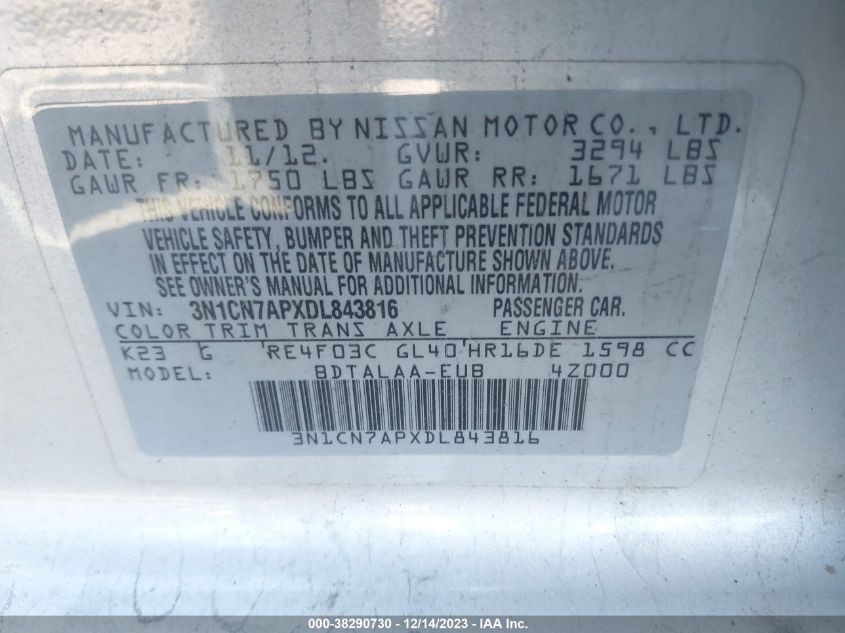 2013 NISSAN VERSA 1.6 S - 3N1CN7APXDL843816