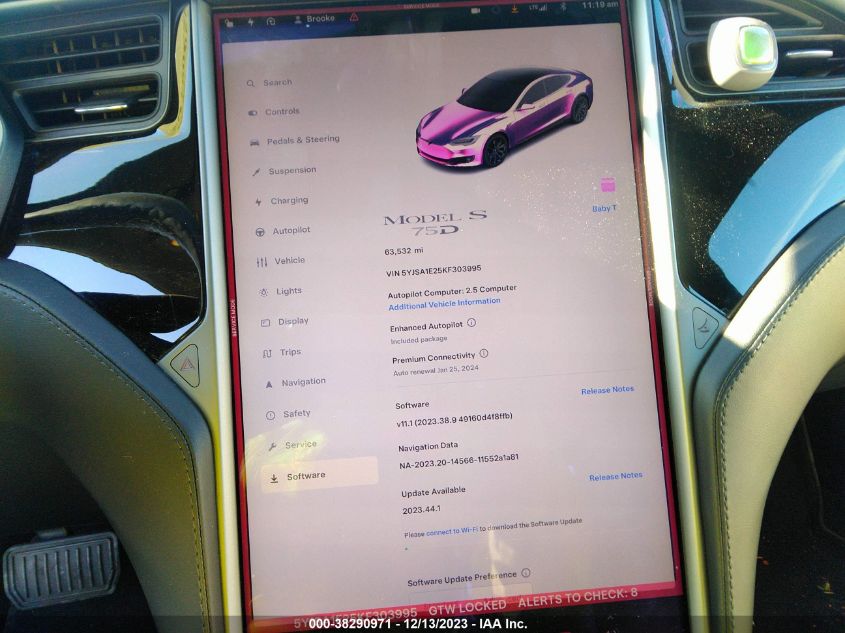 2019 TESLA MODEL S 100D/75D/LONG RANGE/STANDARD RANGE - 5YJSA1E25KF303995