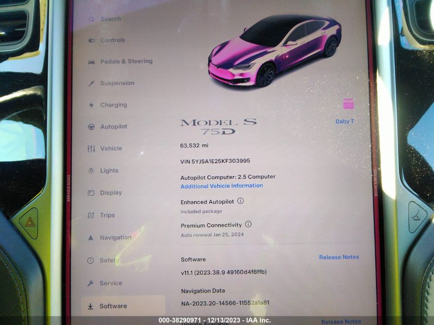 2019 TESLA MODEL S 100D/75D/LONG RANGE/STANDARD RANGE - 5YJSA1E25KF303995