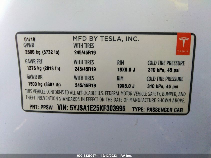 2019 TESLA MODEL S 100D/75D/LONG RANGE/STANDARD RANGE - 5YJSA1E25KF303995