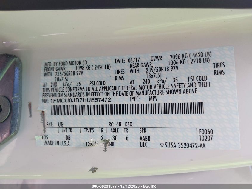 1FMCU0JD7HUE57472 2017 FORD ESCAPE, photo no. 9