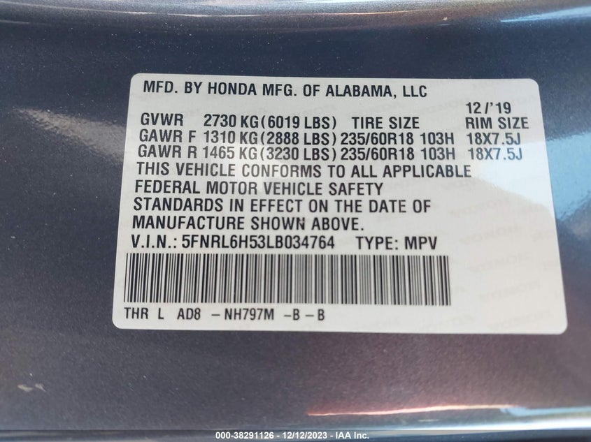 VIN 5FNRL6H53LB034764 2020 HONDA ODYSSEY EX