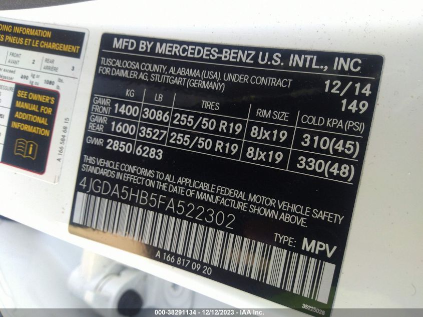 2015 MERCEDES-BENZ ML 350 4MATIC 4JGDA5HB5FA522302