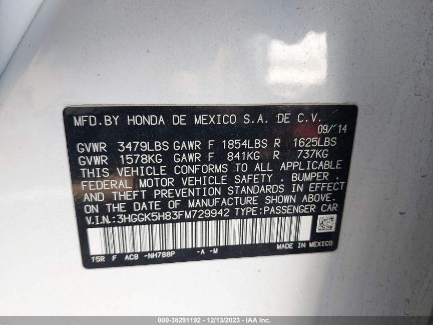 2015 HONDA FIT EX/EXL - 3HGGK5H83FM729942