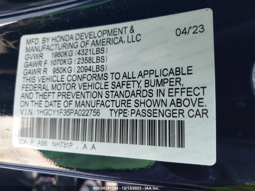 2023 HONDA ACCORD EX - 1HGCY1F35PA022756