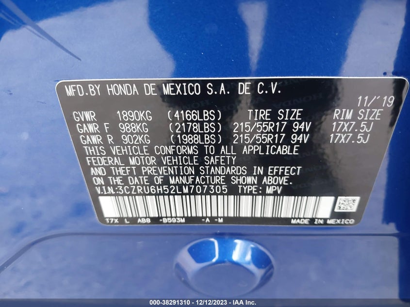 VIN 3CZRU6H52LM707305 2020 HONDA HR-V EX