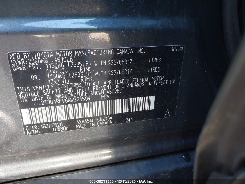2022 TOYOTA RAV4 LE - 2T3G1RFV6NW321594
