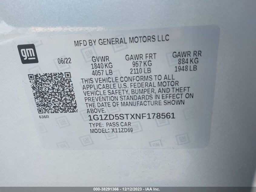 VIN 1G1ZD5STXNF178561 2022 CHEVROLET MALIBU LT