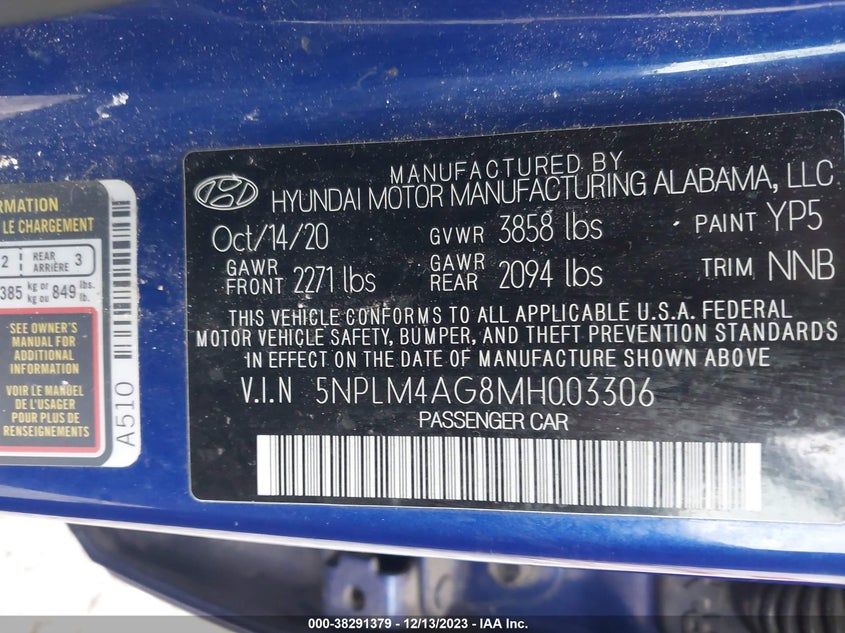 VIN 5NPLM4AG8MH003306 2021 HYUNDAI ELANTRA SEL