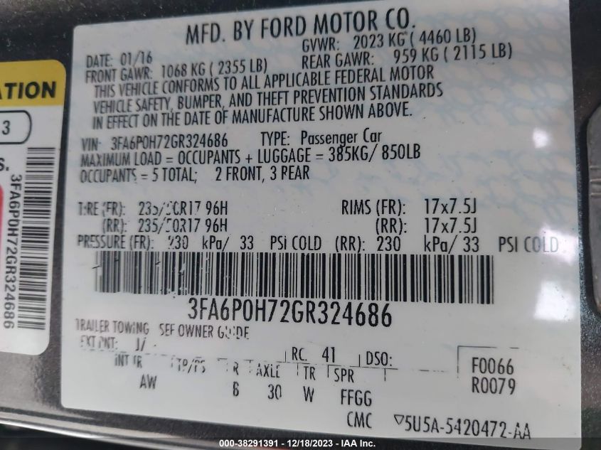 2016 FORD FUSION SE - 3FA6P0H72GR324686