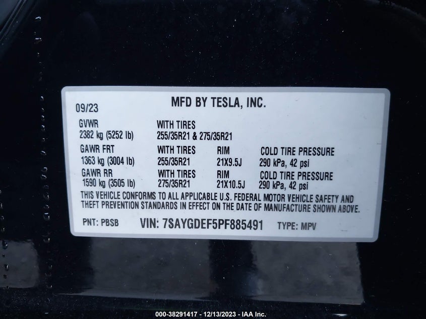 2023 TESLA MODEL Y U   U(VIN: 7SAYGDEF5PF885491