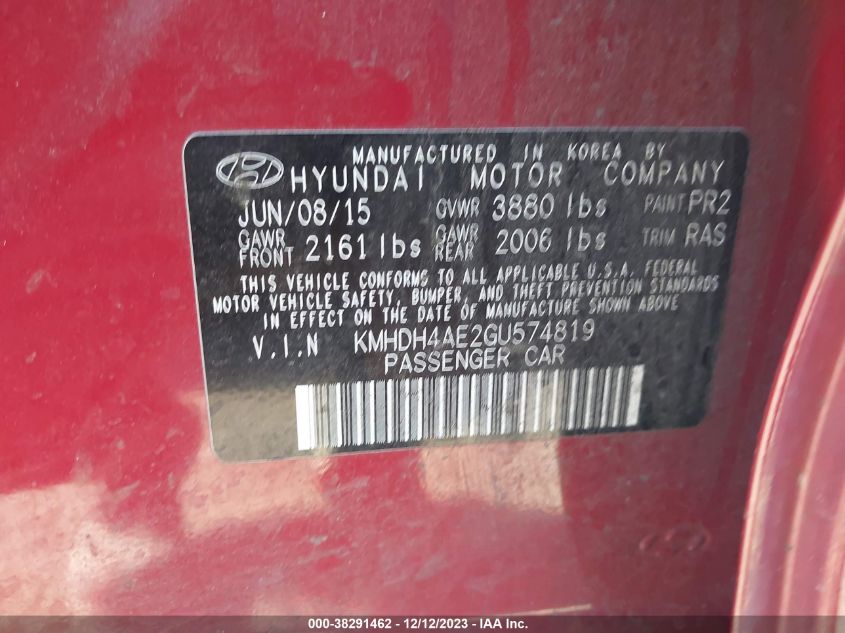 2016 HYUNDAI ELANTRA SE/SPORT/LIMITED - KMHDH4AE2GU574819