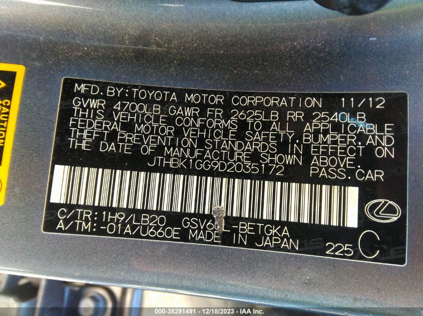 2013 LEXUS ES 350 - JTHBK1GG9D2035172