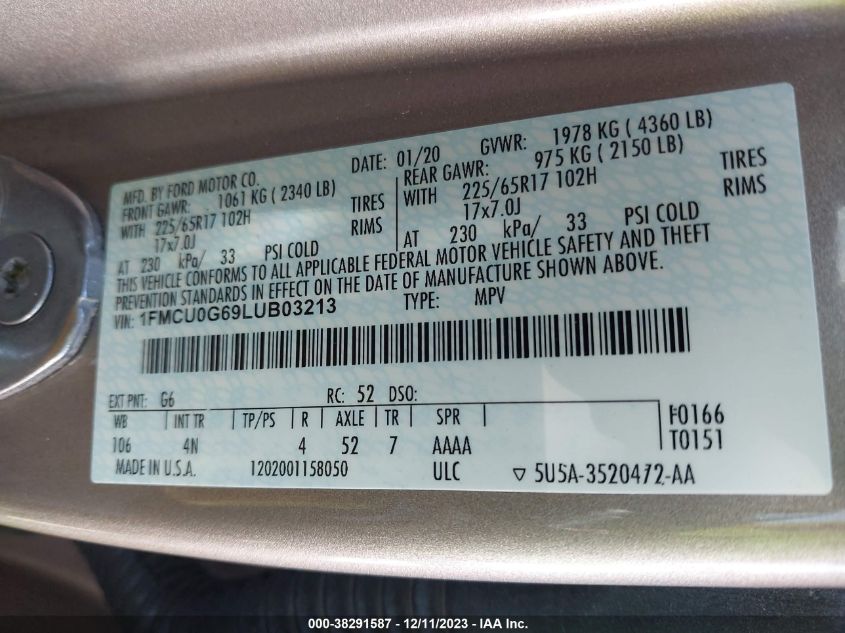 2020 FORD ESCAPE SE - 1FMCU0G69LUB03213