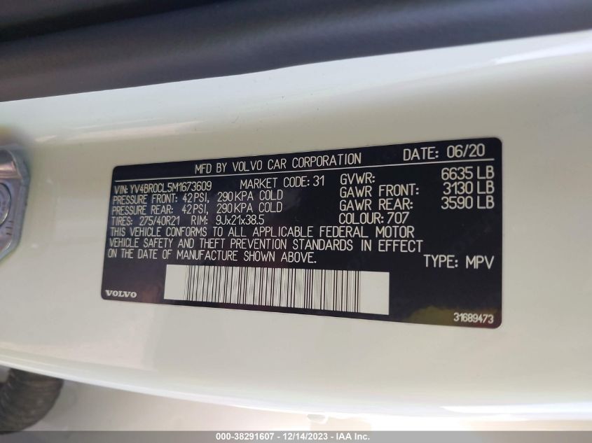2021 VOLVO XC90 RECHARGE PLUG-IN HYBRID T8 INSCRIPTION 7 PASSENGER YV4BR0CL5M1673609