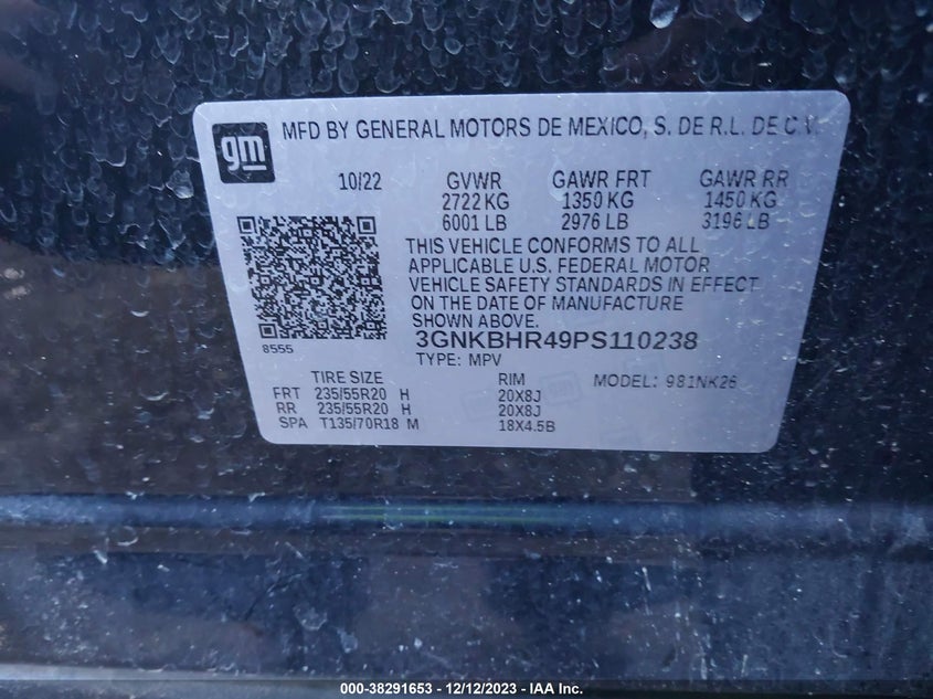 VIN 3GNKBHR49PS110238 2023 CHEVROLET BLAZER 2LT