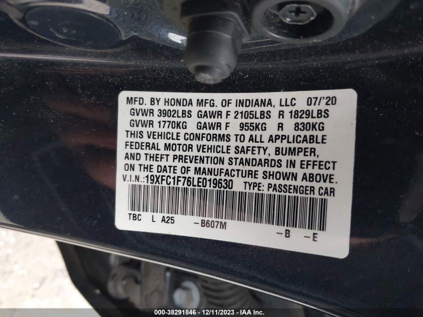 VIN 19XFC1F76LE019630 2020 HONDA CIVIC EX-L