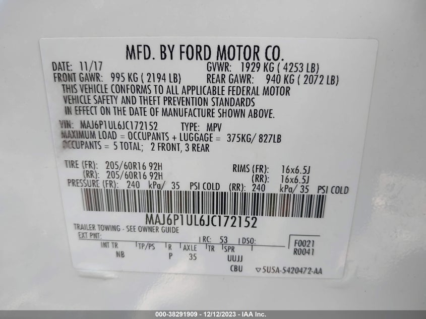 VIN MAJ6P1UL6JC172152 2018 FORD ECOSPORT SE