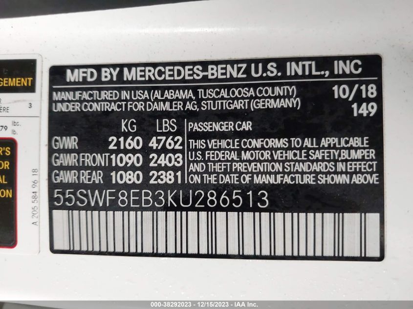 2019 MERCEDES-BENZ C 300 4MATIC - 55SWF8EB3KU286513
