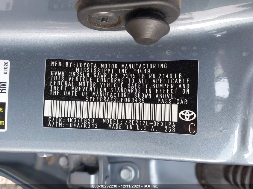 VIN 5YFEPRAE2LP083439 2020 TOYOTA COROLLA LE