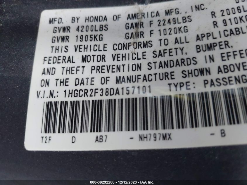 2013 HONDA ACCORD LX - 1HGCR2F38DA157101