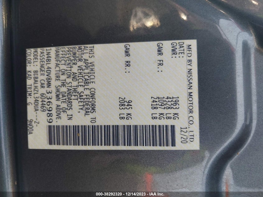 2021 NISSAN ALTIMA 2.5L I-4 DI, DOHC, V(VIN: 1N4BL4DV8MN336989