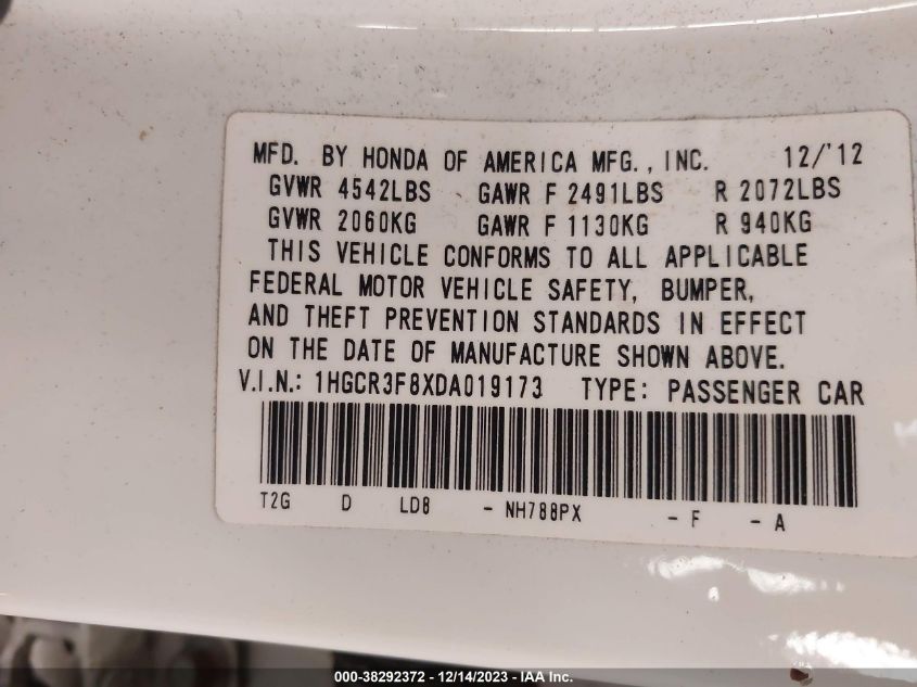 2013 HONDA ACCORD EX-L V-6 - 1HGCR3F8XDA019173
