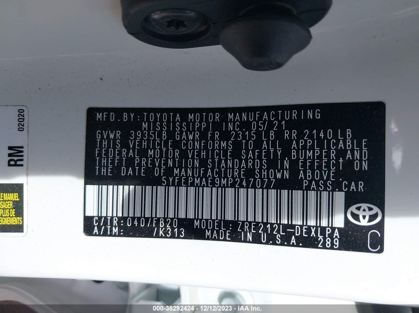 VIN 5YFEPMAE9MP247077 2021 TOYOTA COROLLA LE