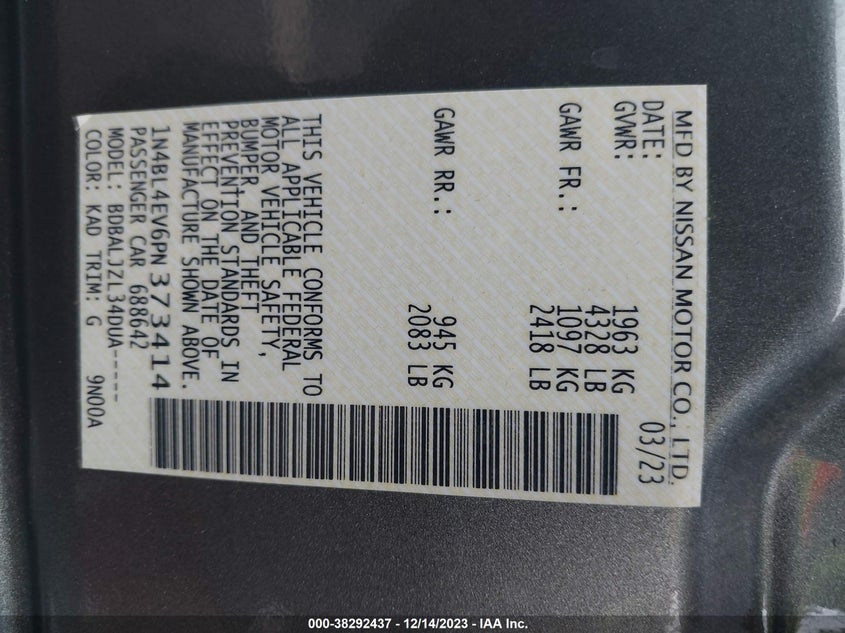 2023 NISSAN ALTIMA 2.5L I-4 DI, DOHC, V(VIN: 1N4BL4EV6PN373414