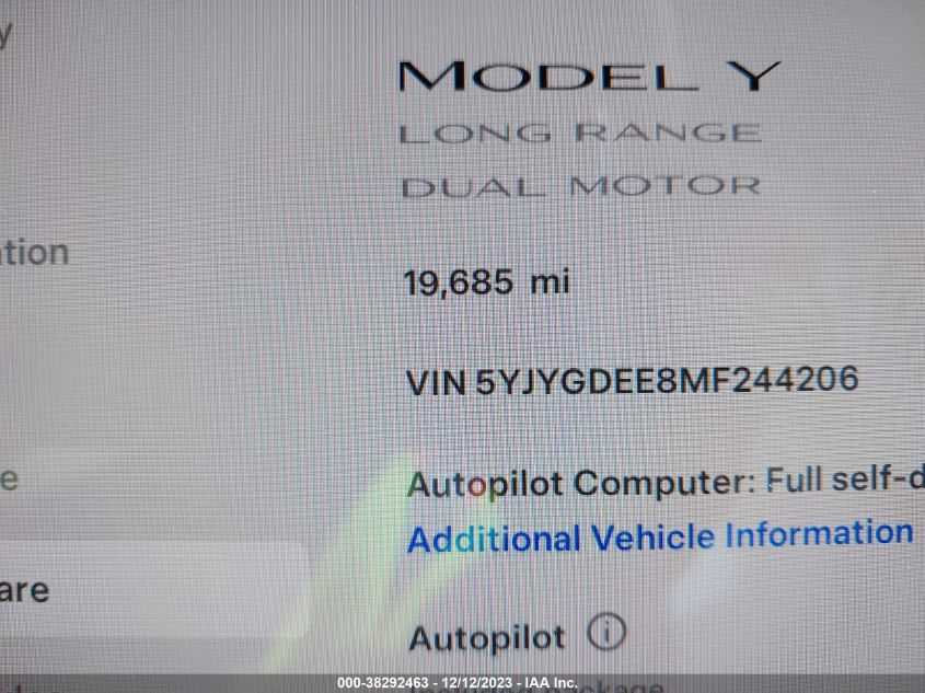 2021 TESLA MODEL Y - 5YJYGDEE8MF244206