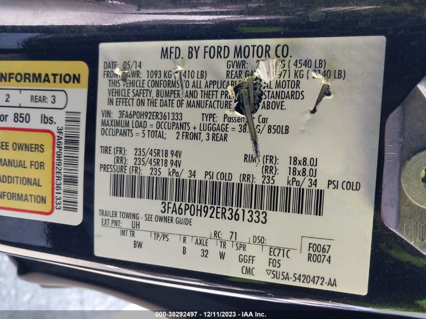 2014 FORD FUSION SE - 3FA6P0H92ER361333