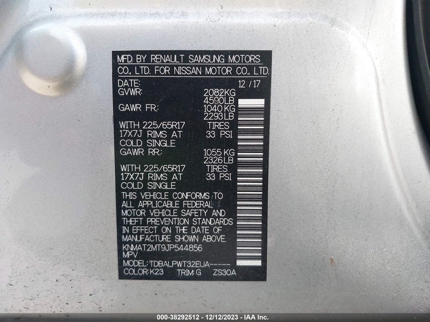 VIN KNMAT2MT9JP544856 2018 NISSAN ROGUE S/SV