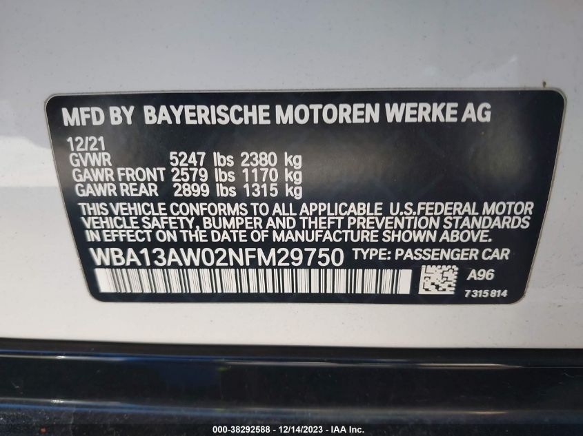 2022 BMW M440I GRAN COUPE XDRIVE WBA13AW02NFM29750