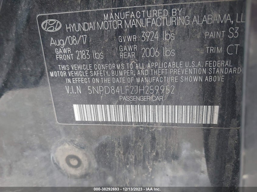 VIN 5NPD84LF2JH259952 2018 HYUNDAI ELANTRA SEL
