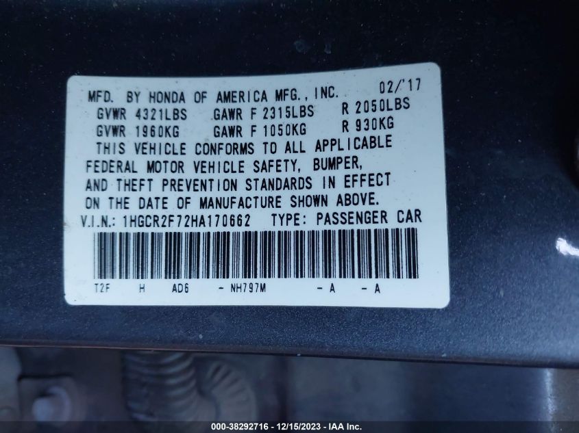 2017 HONDA ACCORD EX - 1HGCR2F72HA170662