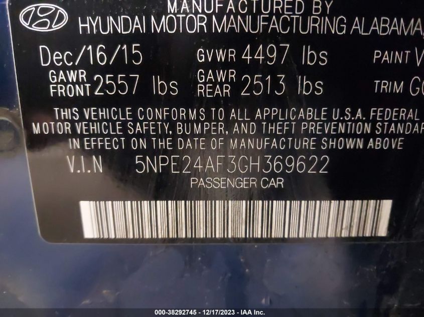 2016 HYUNDAI SONATA SE - 5NPE24AF3GH369622