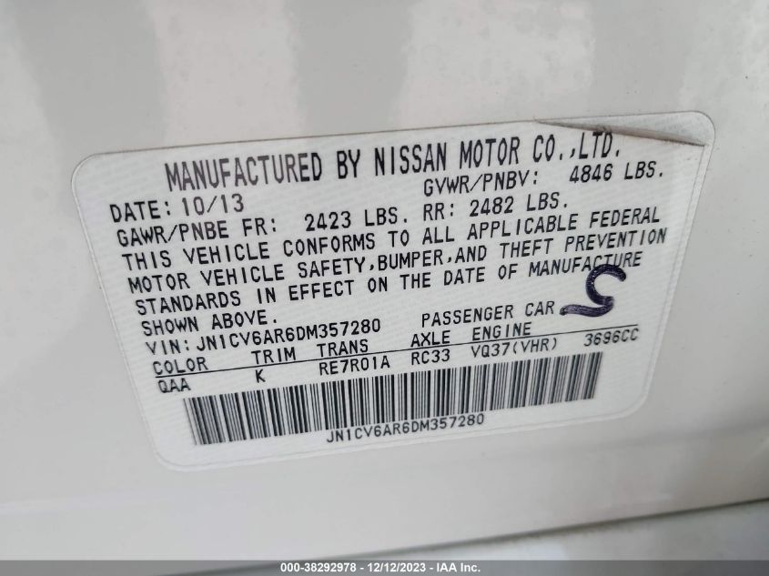 2013 INFINITI G37X JN1CV6AR6DM357280