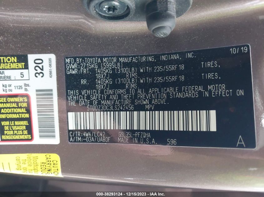 2020 TOYOTA SIENNA XLE - 5TDDZ3DC3LS242456