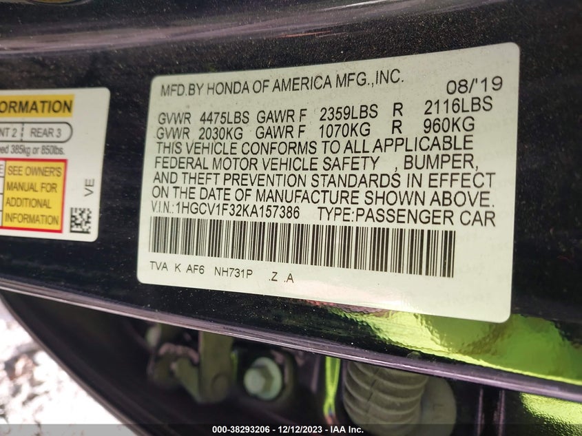 VIN 1HGCV1F32KA157386 2019 HONDA ACCORD SPORT