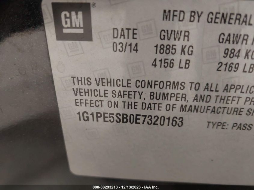 2014 CHEVROLET CRUZE LT - 1G1PE5SB0E7320163