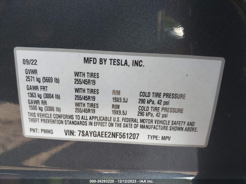 2022 TESLA MODEL Y LONG RANGE DUAL MOTOR ALL-WHEEL DRIVE - 7SAYGAEE2NF561207