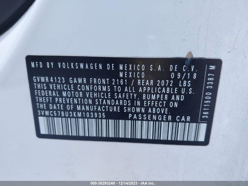 2019 VOLKSWAGEN JETTA 1.4T R-LINE/1.4T S/1.4T SE - 3VWC57BU3KM103935