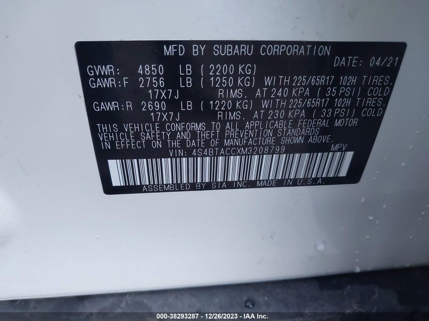 VIN 4S4BTACCXM3208799 2021 SUBARU OUTBACK PREMIUM