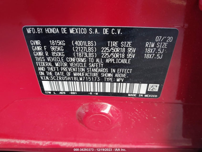 VIN 3CZRU5H18LM715173 2020 HONDA HR-V SPORT