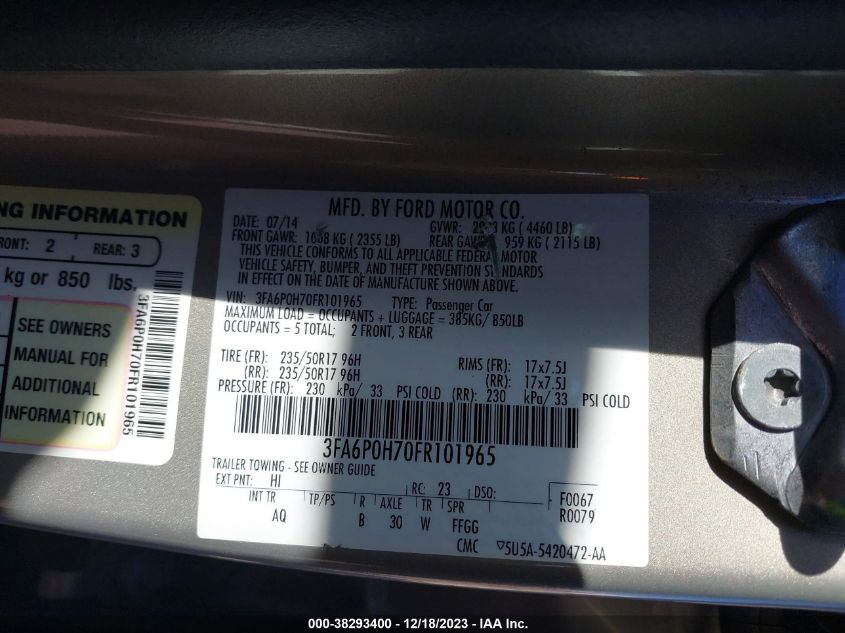 2015 FORD FUSION SE - 3FA6P0H70FR101965