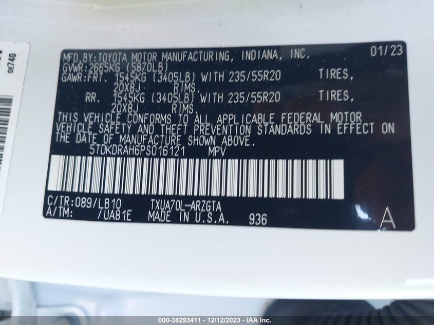 VIN 5TDKDRAH6PS016121 2023 TOYOTA HIGHLANDER L/LE/XLE/LIMITED/PLATINUM