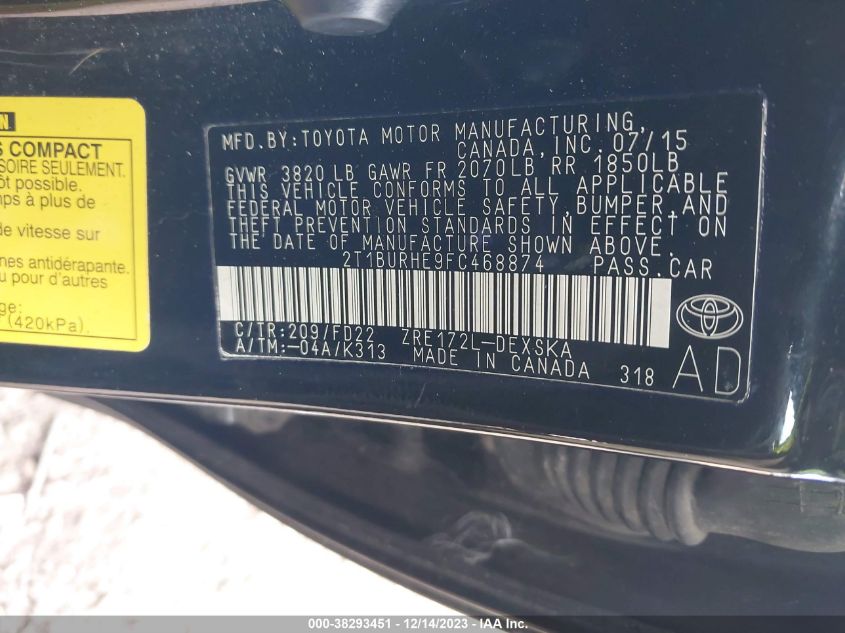 2015 TOYOTA COROLLA S PLUS - 2T1BURHE9FC468874